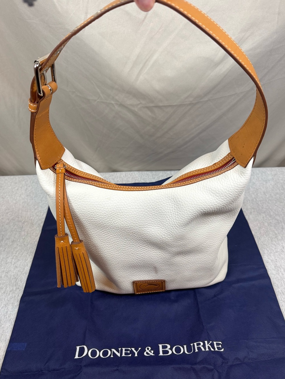 Dooney‎ & Bourke Patterson Paige Hobo Bag White Pebbled Leather Tan Accents